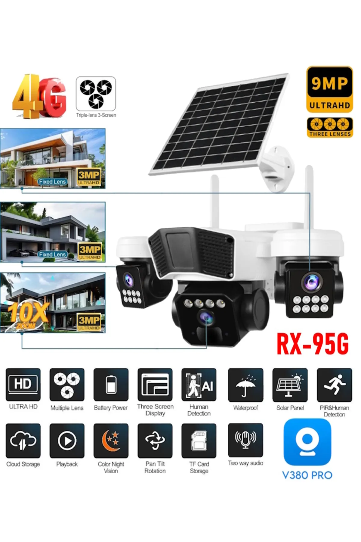 V380 Pro RX-95G 9MP (3+3+3) Üç Kameralı UltraHD 4G Güneş Enerjili Akıllı Güvenlik Kamerası